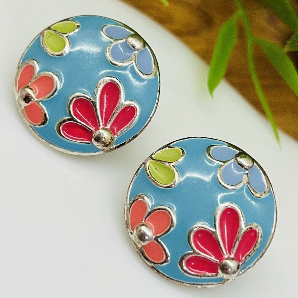 Vintage MOD Earrings Dome Blue Pink Green Enamel Flowers Silver Round Clip 1313 - Picture 3 of 7